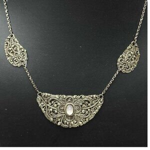 Vintage Bali Sterling Silver Necklace Intricate Filigree Moonstone Bib Art Deco